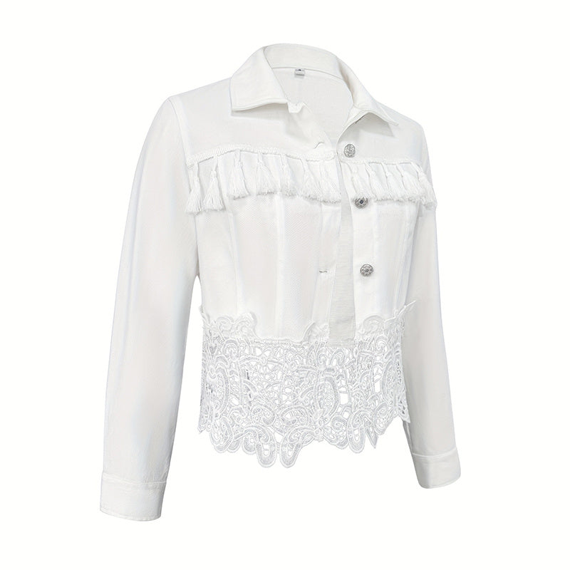 Women's Lace Hollow Out Jacket - Chic Long Sleeve Button Down Shirt With Tassel Details