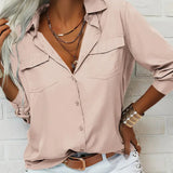 Women's Solid Color Lapel Long Sleeve Shirt Classic Button-Down Blouse with Chest Pocket For Spring And Fall