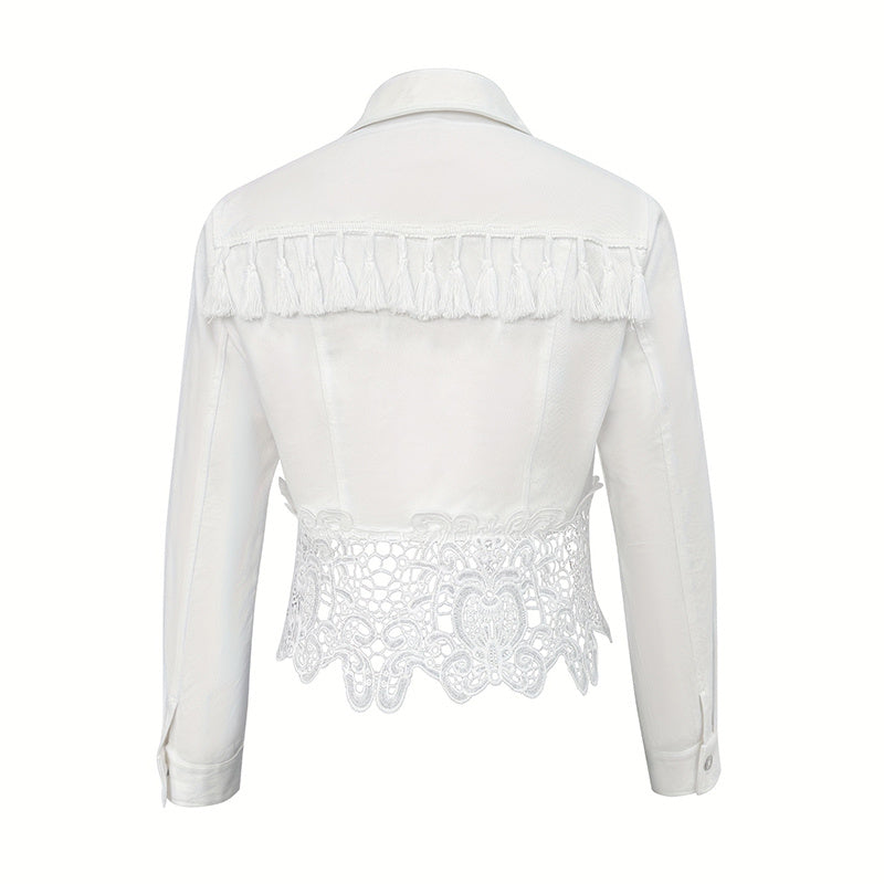 Women's Lace Hollow Out Jacket - Chic Long Sleeve Button Down Shirt With Tassel Details