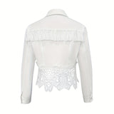 Women's Lace Hollow Out Jacket - Chic Long Sleeve Button Down Shirt With Tassel Details