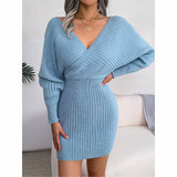Women's Batwing Sleeve Sweater Dress - Sexy Off The Shoulder V-Neck Mini Dress, Solid Color