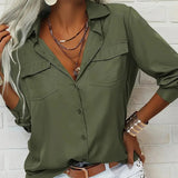 Women's Solid Color Lapel Long Sleeve Shirt Classic Button-Down Blouse with Chest Pocket For Spring And Fall