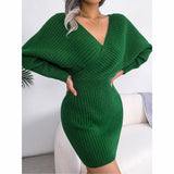 Women's Batwing Sleeve Sweater Dress - Sexy Off The Shoulder V-Neck Mini Dress, Solid Color
