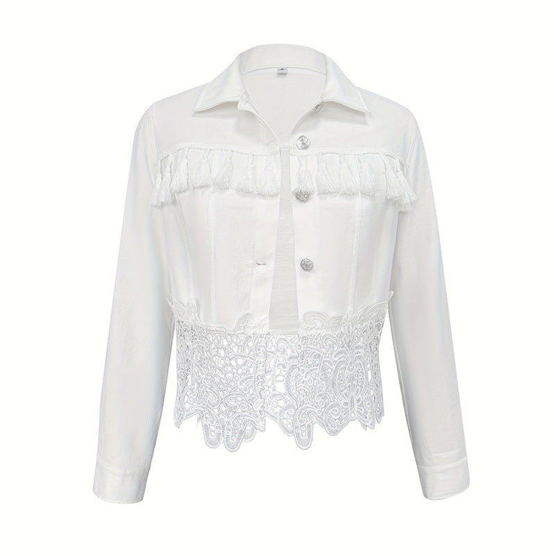 Women's Lace Hollow Out Jacket - Chic Long Sleeve Button Down Shirt With Tassel Details