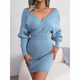 Women's Batwing Sleeve Sweater Dress - Sexy Off The Shoulder V-Neck Mini Dress, Solid Color