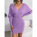 Women's Batwing Sleeve Sweater Dress - Sexy Off The Shoulder V-Neck Mini Dress, Solid Color