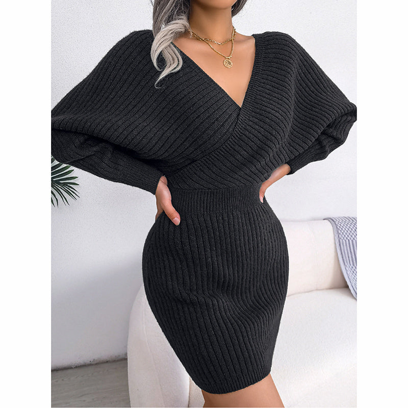 Women's Batwing Sleeve Sweater Dress - Sexy Off The Shoulder V-Neck Mini Dress, Solid Color