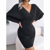Women's Batwing Sleeve Sweater Dress - Sexy Off The Shoulder V-Neck Mini Dress, Solid Color