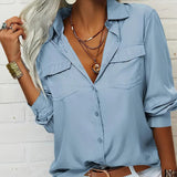 Women's Solid Color Lapel Long Sleeve Shirt Classic Button-Down Blouse with Chest Pocket For Spring And Fall