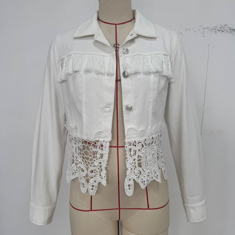 Women's Lace Hollow Out Jacket - Chic Long Sleeve Button Down Shirt With Tassel Details