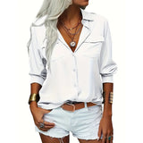 Women's Solid Color Lapel Long Sleeve Shirt Classic Button-Down Blouse with Chest Pocket For Spring And Fall