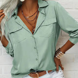 Women's Solid Color Lapel Long Sleeve Shirt Classic Button-Down Blouse with Chest Pocket For Spring And Fall