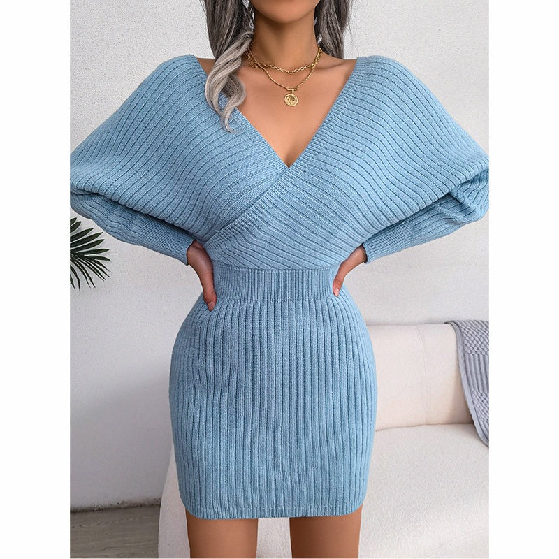 Women's Batwing Sleeve Sweater Dress - Sexy Off The Shoulder V-Neck Mini Dress, Solid Color