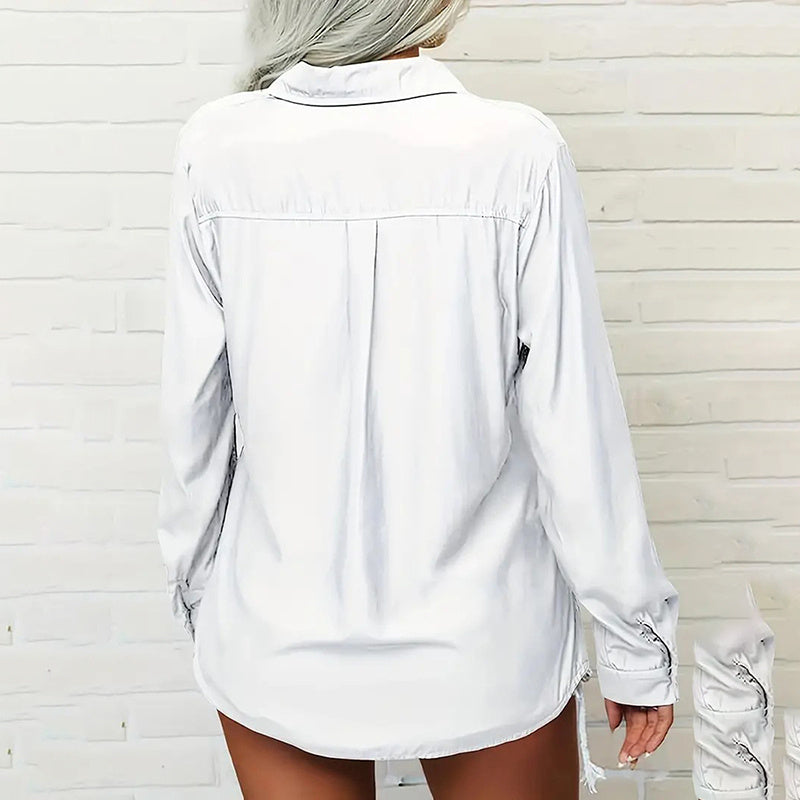 Women's Solid Color Lapel Long Sleeve Shirt Classic Button-Down Blouse with Chest Pocket For Spring And Fall